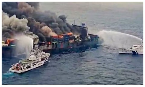 Firefighting efforts intensify aboard Singapore vessel after explosion off Kerala coast
