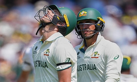Australia's Josh Hazlewood, left, reacts after losing his wicket on day three of the World Test Championship final between South Africa and Australia at Lord's cricket ground in London, Friday, June 13, 2025 (PTI)