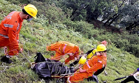 NDRF personnel at the spot after a helicopter crashed near the Kedarnath shrine, in Rudraprayag district, Uttarakhand, Sunday, June 15, 2025 (PTI) 