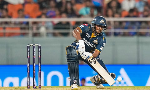 Gujarat Titans' Sai Sudharsan plays a shot during the Indian Premier League (IPL) 2025 Eliminator cricket match between Mumbai Indians and Gujarat Titans, in New Chandigarh, Friday, May 30, 2025 (PTI) 