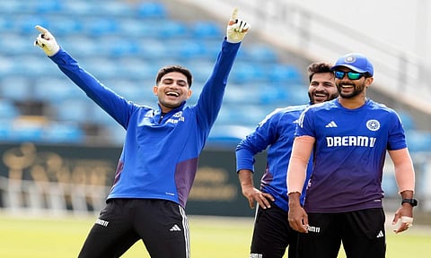Shubman Gill, Shardul Thakur and Nitish Kumar Reddy during a nets session at Headingley