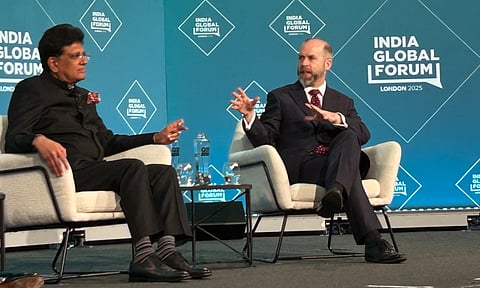 Union Commerce and Industry Minister Piyush Goyal with his UK counterpart Jonathan Reynolds at the India Global Forum UK-India Week, in London