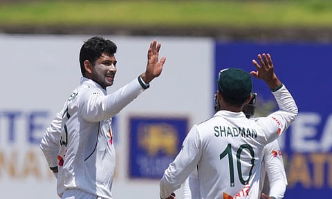 Bangladesh's Nayeem Hasan celebrates the wicket of Sri Lanka's Tharindu Ratnayake