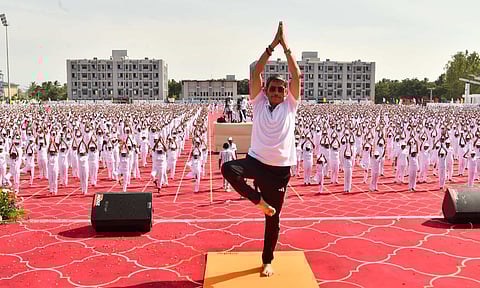 73-year-old Governor RN Ravi was the star attraction at the 11th International Yoga Day celebration in Madurai