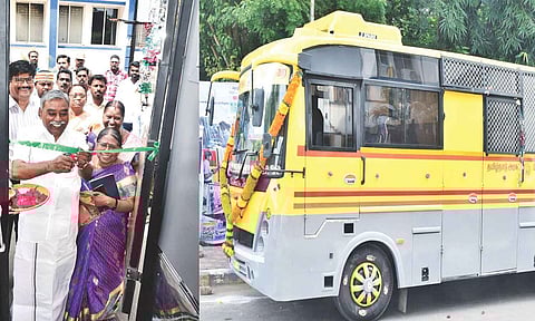 District Collector Mohanachandran, MLA ‘Poondi’ K Kalaivanan at the launch of the mobile unit (right) on Saturday