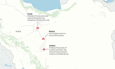 Map of three Iranian nuclear and military sites that US forces have attacked (AP)