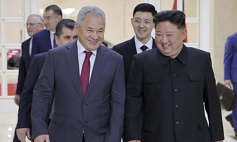In this photo provided by the North Korean government, North Korean leader Kim Jong Un, front right, meets with Russian Security Council Secretary Sergei Shoigu, left, at the headquarters of the ruling Workers' Party in Pyongyang, North Korea (AP)