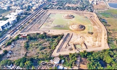 Aerial view of the restored Thangal Lake in Sholinganallur 