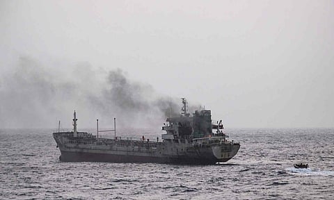 Indian Navy personnel from stealth frigate INS Tabar engage in firefighting operations aboard Pulau-flagged tanker MT Yi Cheng 6, which caught fire in the engine room and suffered a total power failure while en route from Kandla to Shinas, June 29, 2025 (PTI) 