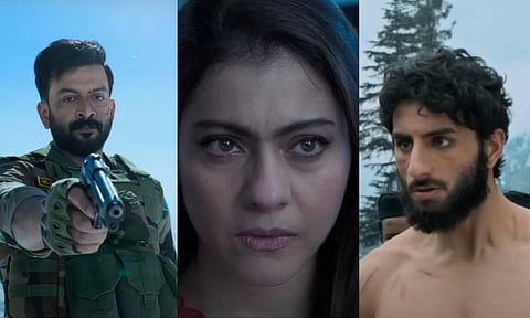 Prithviraj, Kajol and Ibrahim Ali Khan in stills from ‘Sarzameen’ (YouTube)
