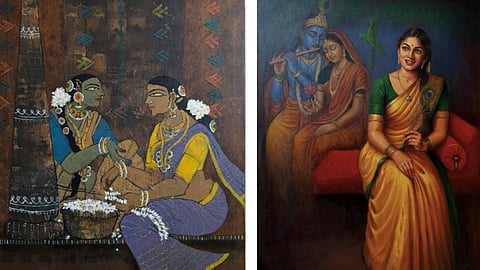(L to R) Sathya N Prabhu's work titled 'Gossip'; Charanya Rajesh’s work 