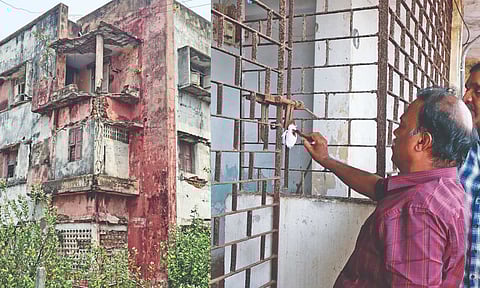 Dilapidated Foreshore Estate residential building (l); TNHB officials seal a house