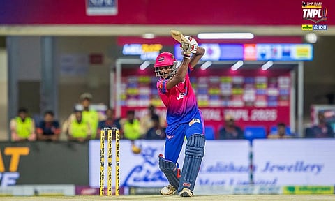  Amith Sathvik plays a shot during the match