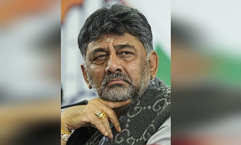 Karnataka Deputy Chief Minister and state Congress President D K Shivakumar during a press conference at the party office (PTI) 