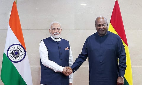  In this image released by PMO on July 3, 2025, Prime Minister Narendra Modi being received by the President of Ghana John Dramani Mahama upon his arrival for a meeting, in Accra, Ghana. (Credit: PTI)