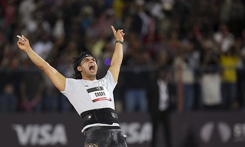 India's Neeraj Chopra celebrates as he competes in the Neeraj Chopra Classic 2025 international javelin competition, in Bengaluru, Karnataka, Saturday, July 5, 2025 (PTI) 