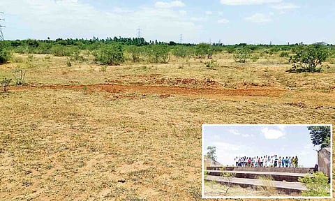 A piece of parched land at Sengipatti; (inset) farmers stage a protest at Miniyan Tank, on Saturday
