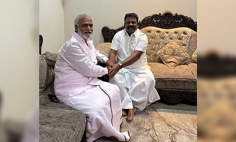 Minister for HR & CE P K Sekarbabu with TNCC chief K Selvaperunthagai