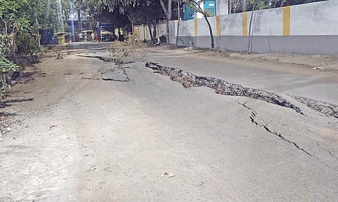 The crack that appeared on Sheshadripuram 1st Main Road at Annai Indira Nagar, Velachery, on Monday