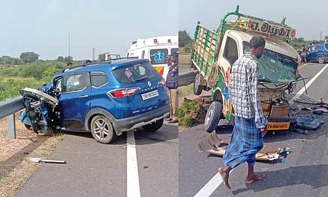 Mangled remains of the load van and car involved in the accident