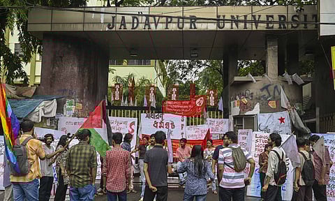 Members of various left wing student unions block the main entrance of Jadavpur University during a 24-hour nationwide general strike called by trade unions to protest against the central government's alleged anti-labour policies, in Kolkata, Wednesday, July 9, 2025 (PTI) 
