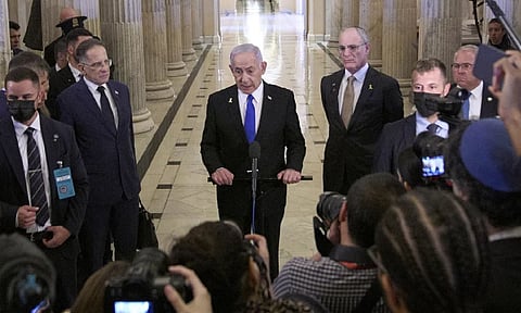 Israeli Prime Minister Benjamin Netanyahu speaks to the media (AP)