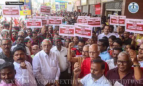 Workers take part in a protest rally during a nationwide general strike at Anna salai (Photo: Hemanathan M)