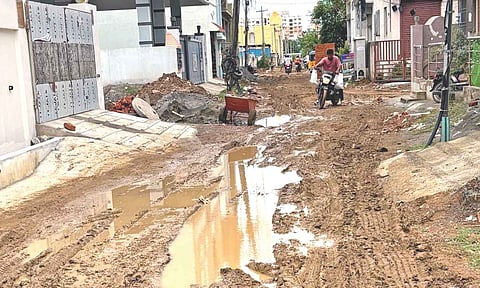 Slush-filled road in Raghavendra Nagar 