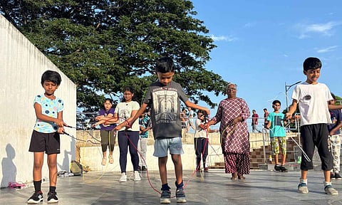 Lakshmi Nagappan with the children during one of the Chennai Jumps session
