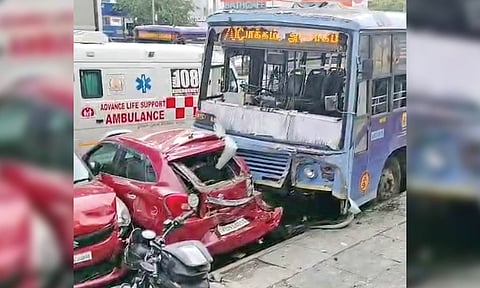 The driver rammed the empty bus into cars at Arumbakkam while driving towards CMBT on Sunday