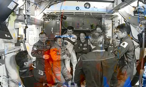 Indian astronaut Shubhanshu Shukla and others during a farewell ceremony for the Axiom 4 mission crew aboard the International Space Station (PTI) 