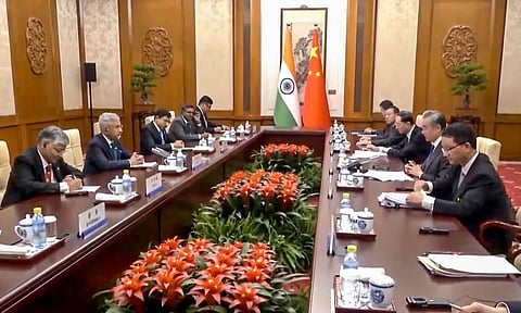 In this screenshot from @DrSJaishankar via X on July 14, External Affairs Minister S Jaishankar during a meeting with Chinese Foreign Minister Wang Yi in Beijing 