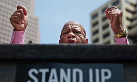 Rep. John Lewis, D-Ga., addresses a crowd at a rally protesting (AP)