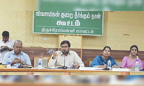Tiruchy Collector V Saravanan interacting with district farmers during grievance meet on Friday