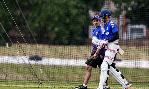  India head coach Gautam Gambhir with captain Shubman Gill during a training session ahead of the fourth Test cricket match between India and England, at The County Ground, in Beckenham (PTI) 