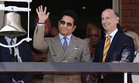 Former Indian cricketer Sachin Tendulkar rings the ceremonial bell before the start of the third test cricket match between India and England, at the Lord's Cricket Ground, in London (Credit: BCCI X handle)