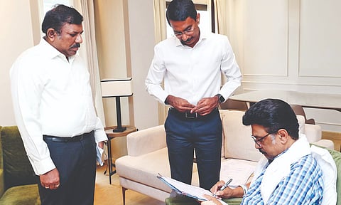 Chief Minister MK Stalin signs files from hospital on Wednesday