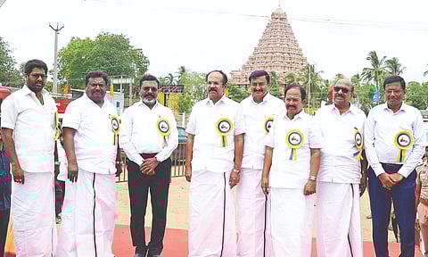 Minister Thangam Thennarasu with cabinet colleagues and senior leaders at Gangaikonda Cholpuram on Wednesday