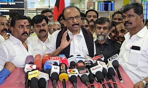MDMK founder Vaiko speaking to reporters at Chennai Airport