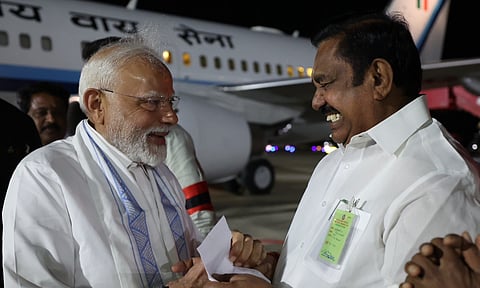 AIADMK general secretary Edappadi K Palaniswami with Prime Minister Narendra Modi at the Tiruchy airport (File photo)