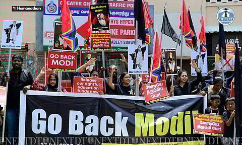 Members of May 17 movement conducting a protest against visiting PM Modi, in Chennai on Sunday (Credits: Hemanathan M)