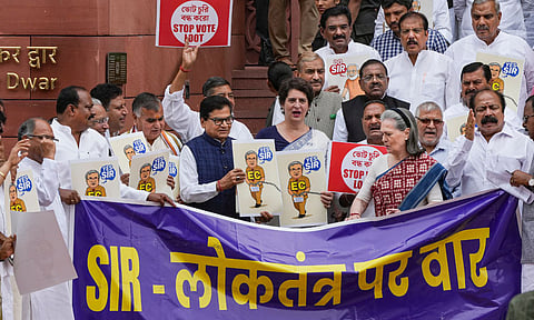 Congress MPs Priyanka Gandhi Vadra, KC Venugopal and Hibi Eden with others stage a protest over the arrest of two Catholic nuns arrested in Chhattisgarh's Durg for alleged human trafficking and forced religious conversion, during the Monsoon session of Parliament (PTI)