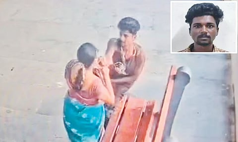 A screengrab of the CCTV footage where P Soundar (inset) snatched the woman’s chain at Perungudi MRTS station 