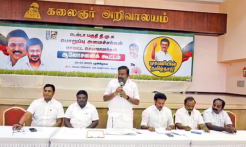 Municipal Administration Minister and DMK’s principal secretary KN Nehru addressing party workers in Tiruchy on Wednesday