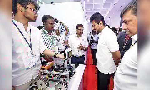 Deputy CM Udhayanidhi Stalin with IT Minister Palanivel Thiaga Rajan at the conclave on Wednesday