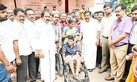 Municipal Administration Minister KN Nehru with beneficiaries at ‘Nalam Kaakkum Stalin’ camp launch in Tiruchy on Saturday