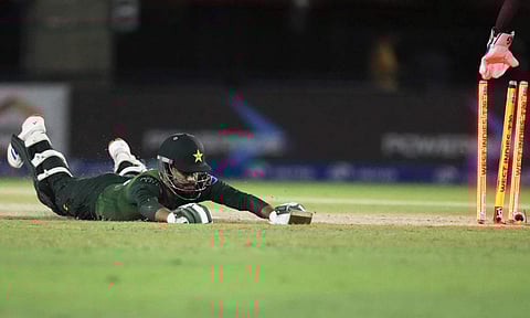 Pakistans Mohammad Haris is run out during the third Twenty2o cket match against the west indies, Sunday, Aug. 3, 2025, in Lauder, Fla (AP) 