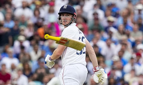 England's Harry Brook's bat slips from his hand during the fourth day of the fifth Test match between India and England, at The Oval cricket ground, in London, England, Sunday, Aug. 3, 2025 (PTI) 