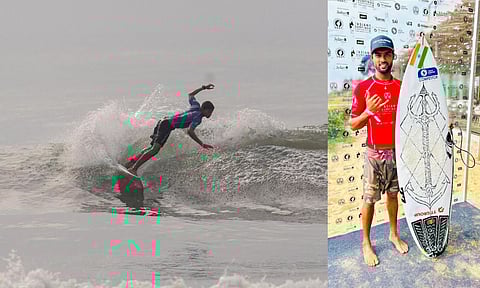 Surfer in action during the men's open round; Ramesh Budihal