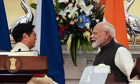 Prime Minister Narendra Modi and Philippines' President Ferdinand R. Marcos Jr. during a joint press statement after their meeting, at the Hyderabad House, in New Delhi (PTI)